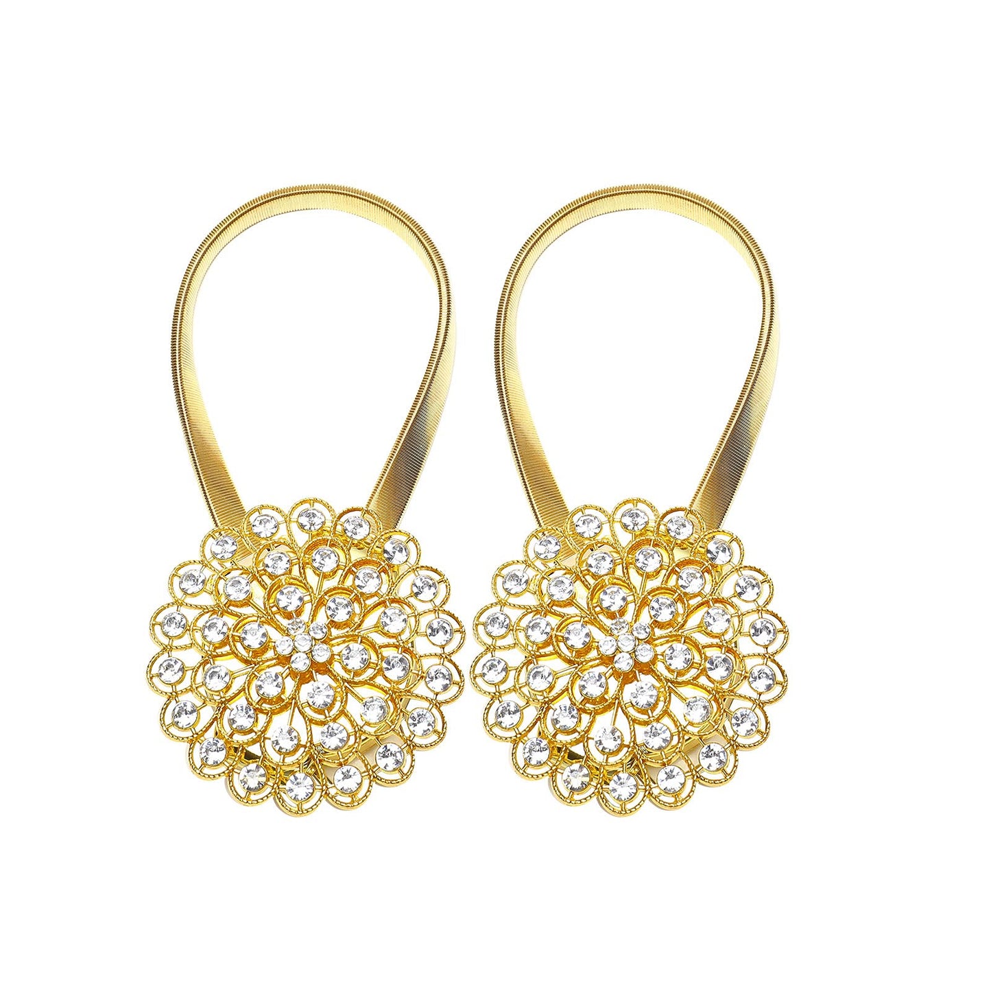 Mightree Magnetic Curtain Tiebacks,Magnet Curtain Clips with Stretchy Metal Rope for Home Office,Outdoor Decor Curtain Holdbacks,2 Pack Drape Holdbacks,Gold Diamond Flower