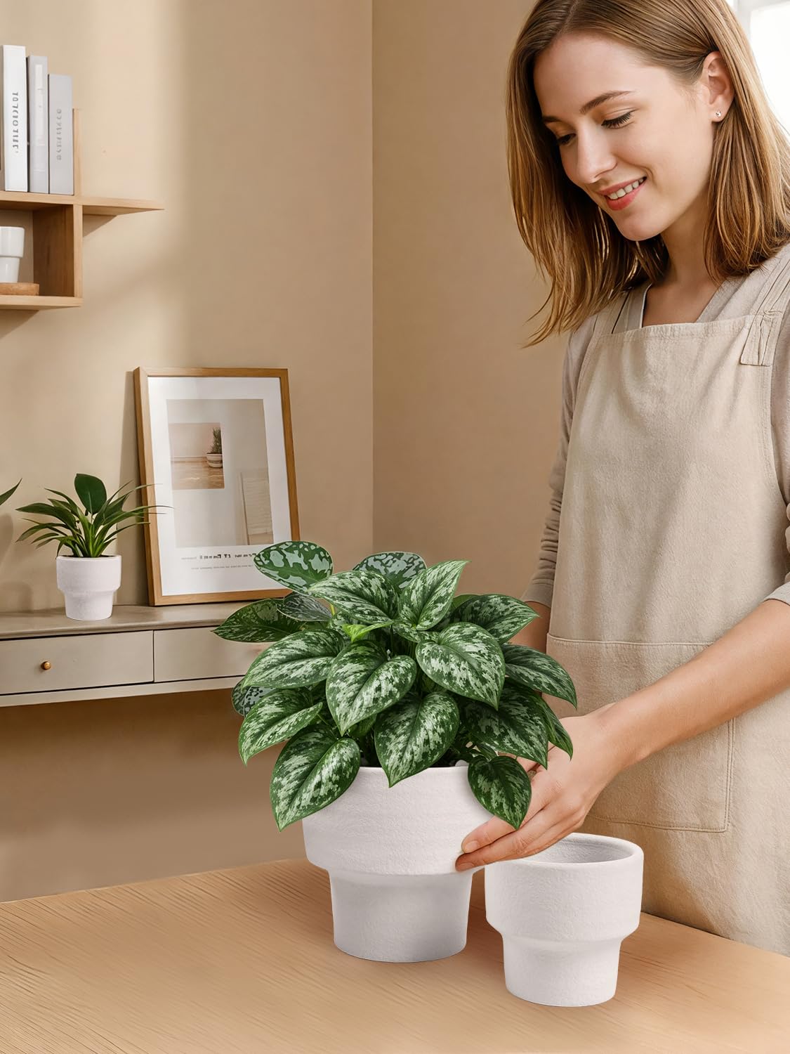INGOFIN Ceramic Planter Pot Set of 3, 4/5/6 Inch Indoor Decorative Cachepot for Pothos & Succulents, No Drainage Hole, Modern Tabletop Desk Display Plant Pot for Home Decor, Sandblasted White