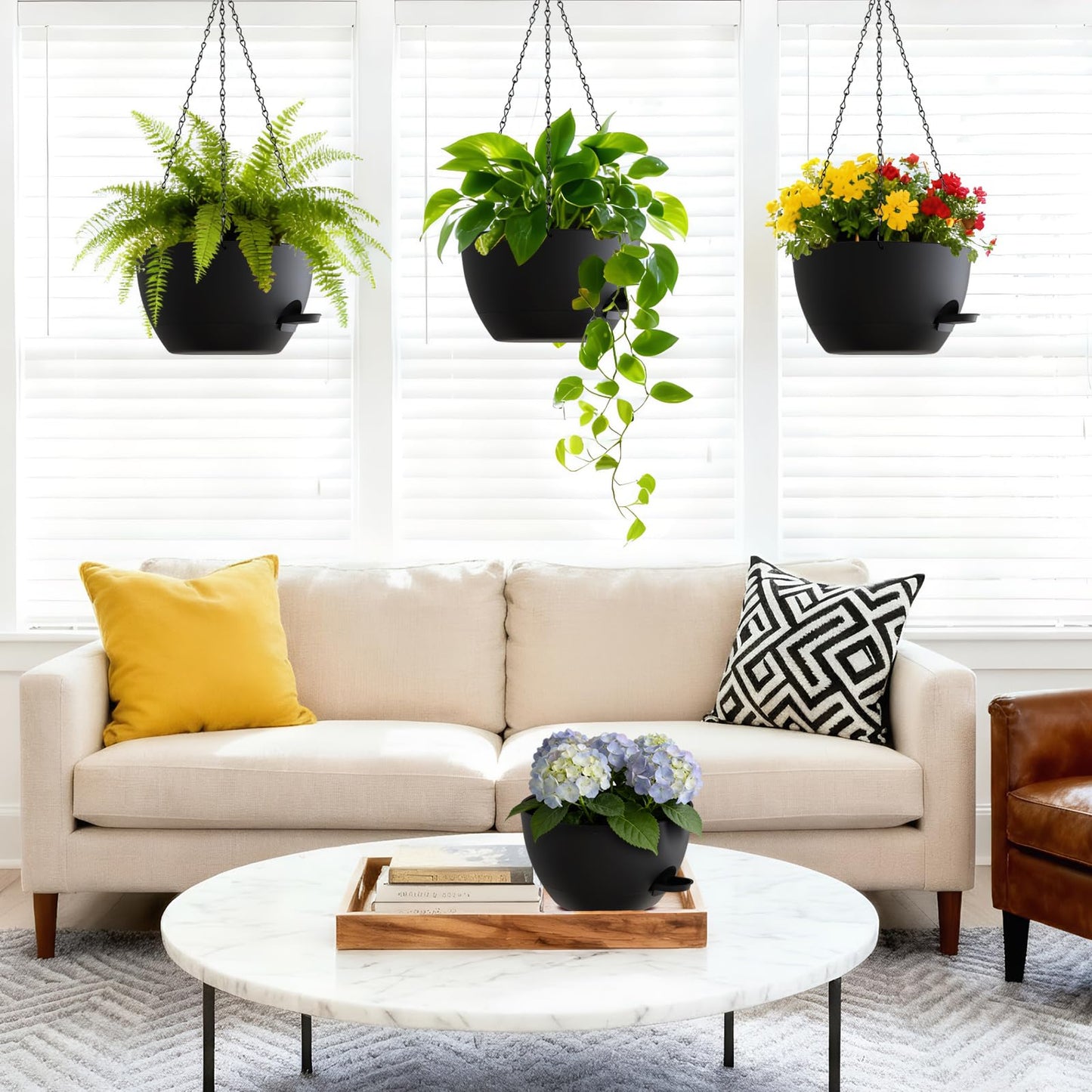 UOUZ Set of 3-10 Inch Self Watering Hanging Planters for Indoor & Outdoor，Hanging Plant Pots with Drainage & Removable Tray, Hanging Pots Holder for Ivy, Spider Plants, Ferns, Balcony & Patio, Black