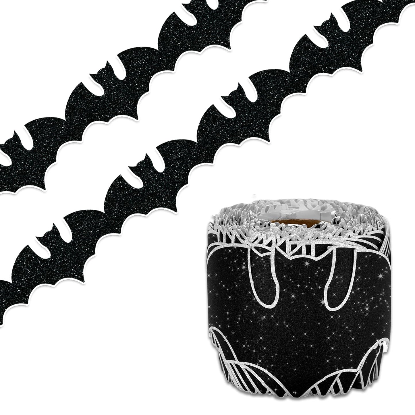 Whaline 65.6Ft Halloween Bulletin Board Border Glitter Black Bat Die Cut Trim Border Roll for Spooky Chalkboard Wall Decor