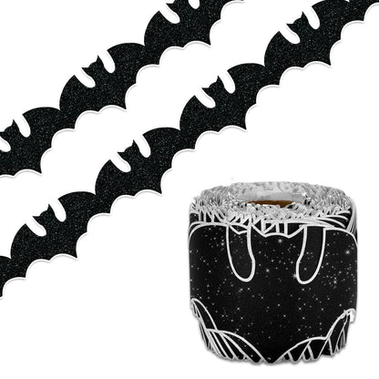 Whaline 65.6Ft Halloween Bulletin Board Border Glitter Black Bat Die Cut Trim Border Roll for Spooky Chalkboard Wall Decor