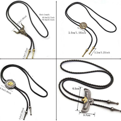 Daoofukeji 4Pcs Western Cowboy Bolo Tie for Men - Retro Engraved Alloy Pendant & Braided Leather Rope Necktie,Cowboy Ties Necklace Perfect for Daily Wear, Cosplay, Party, and Holiday Gifts