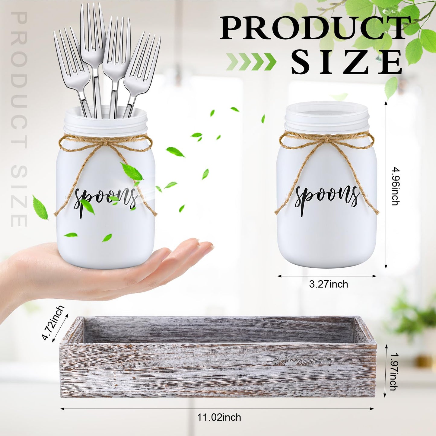 Tiangrid 4 Pcs Silverware Utensil Holder Mason Jar with Wooden Utensil Organizer for Kitchen Countertop Forks Spoons Knives Storage White Farmhouse Kitchen Caddy Glass Cooking Decor for Party