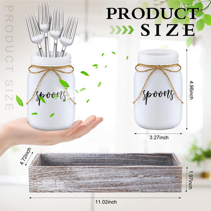 Tiangrid 4 Pcs Silverware Utensil Holder Mason Jar with Wooden Utensil Organizer for Kitchen Countertop Forks Spoons Knives Storage White Farmhouse Kitchen Caddy Glass Cooking Decor for Party