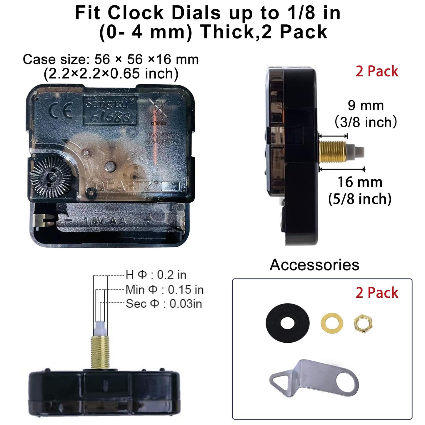 EMOON 2 Pack Silent Sweep Quartz Clock Movement Mechanism with 4 Hands, DIY Repair Replacement for Custom Clocks (Shaft Length 5/8 in)