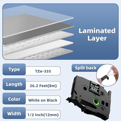 Label Maker Tape Refill Compatible with Brother TZe-335 TZe335 Label Tape TZe TZ Tape 12mm 0.47 Laminated White on Black for PT-D210 D220 H110 D410 P710BT H111 1070 1880, 5-Pack