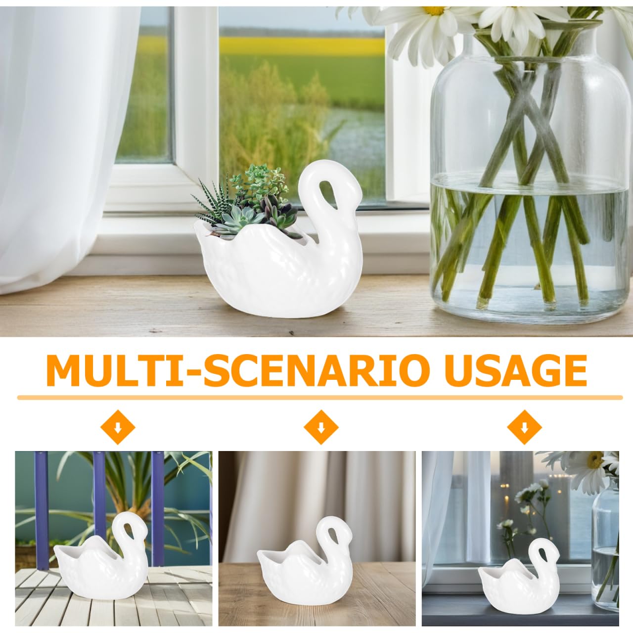 Yardwe Lovely Swan Ceramic Flowerpot with Drain Hole, White Porcelain Planter for Succulents, Decorative Plant Pot for Home and Office, 4.4 X 2.36 X 3.77 Inch
