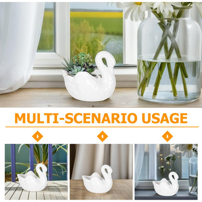 Yardwe Lovely Swan Ceramic Flowerpot with Drain Hole, White Porcelain Planter for Succulents, Decorative Plant Pot for Home and Office, 4.4 X 2.36 X 3.77 Inch