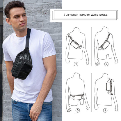 Leather Fanny Pack Travel Waist Bag for Man Women Unisex Hiking Travel Sport Running Cycling with Adjustable Belt Black