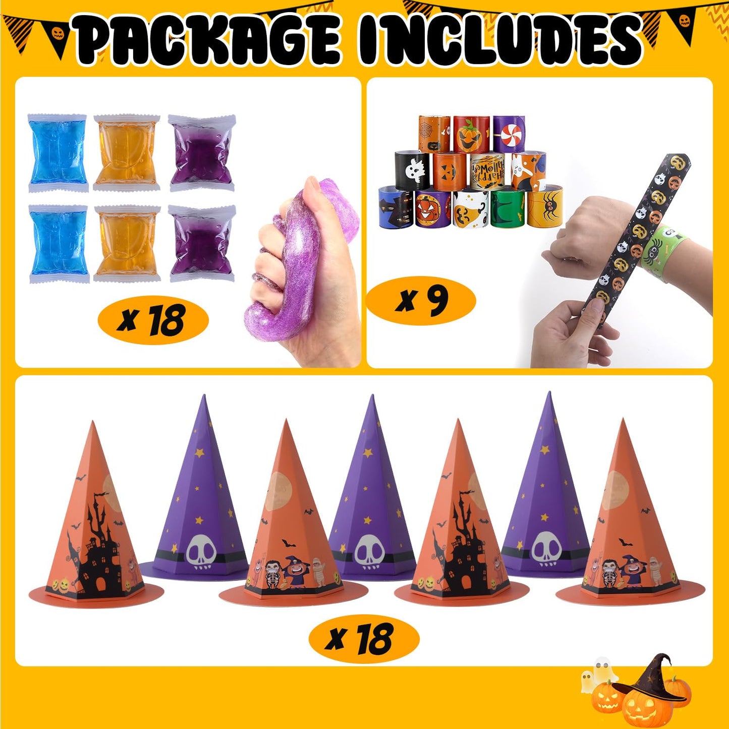 NAISEN 194PCS Halloween Party Favors For Kids, Witch Hat Shaped Halloween Goodie Bag Stuffers 18 Pack With Fun Slime Halloween Toys Bulk, Non Candy Treats for Kids Classroom Prizes