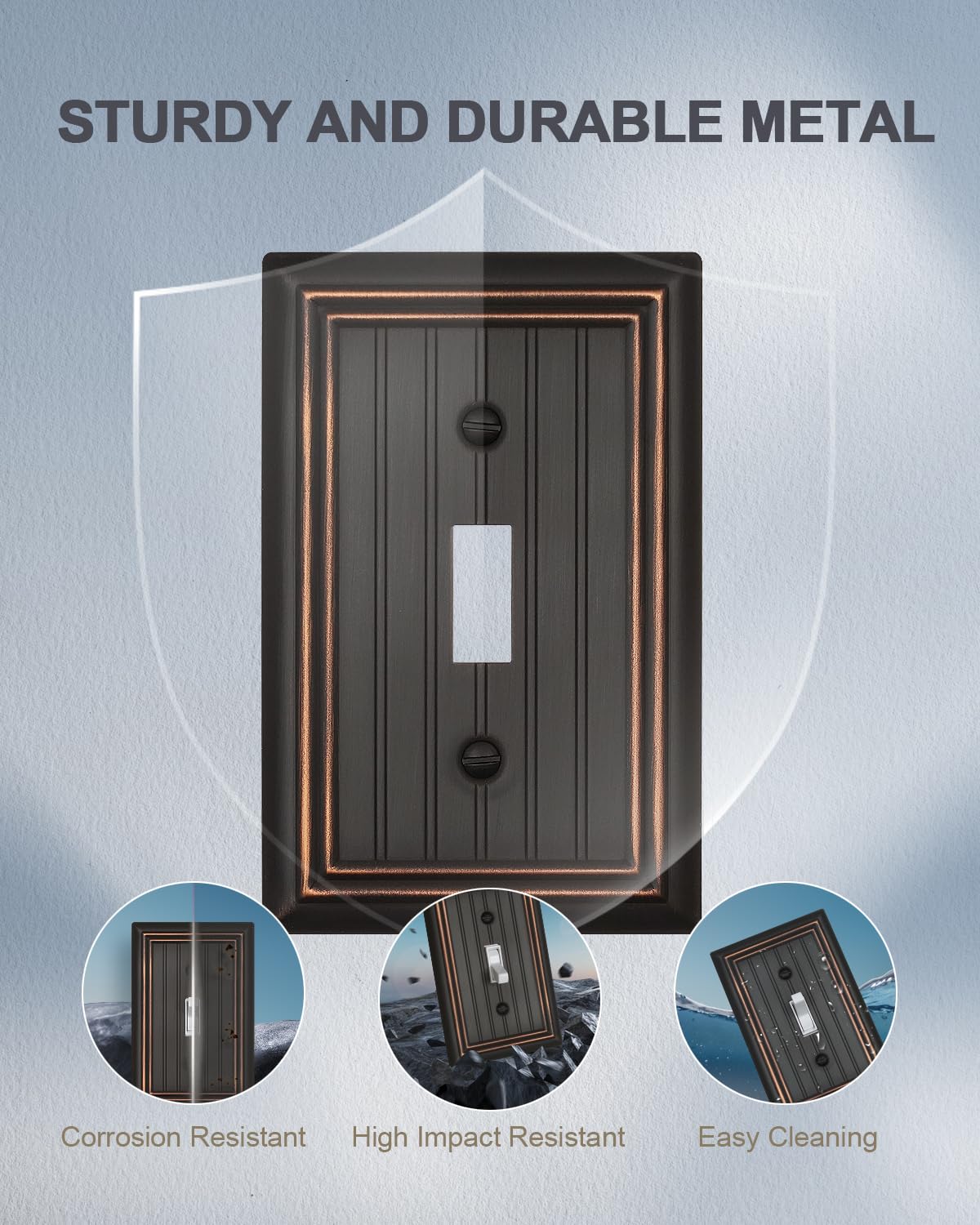 ZILLSEA 4-Pack Aged Bronze Light Switch Covers, Classic Beadboard Single Toggle Wall Plates, Metal Switch Plate Covers, 3.15''*4.88'', Midsize