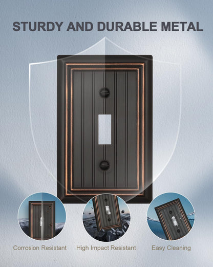 ZILLSEA 4-Pack Aged Bronze Light Switch Covers, Classic Beadboard Single Toggle Wall Plates, Metal Switch Plate Covers, 3.15''*4.88'', Midsize