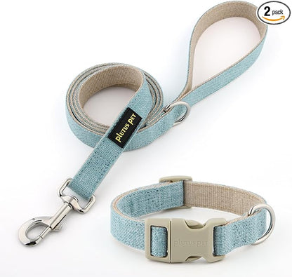 Plutus Pet Cotton Hemp Dog Collar and Leash Set, Adjustable Collar for Small, Medium, and Large Dogs, Heavy Duty and Soft on Skin, Light Blue, XL