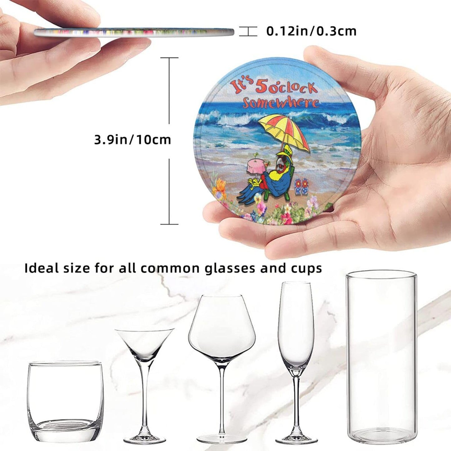 ItS 5 O'Clock Somewhere Parrot Drink Coasters Set of 6 Pack with Holder Able Cup Mat for Hot Cold Drink Non-Slip Housewarming Gifts