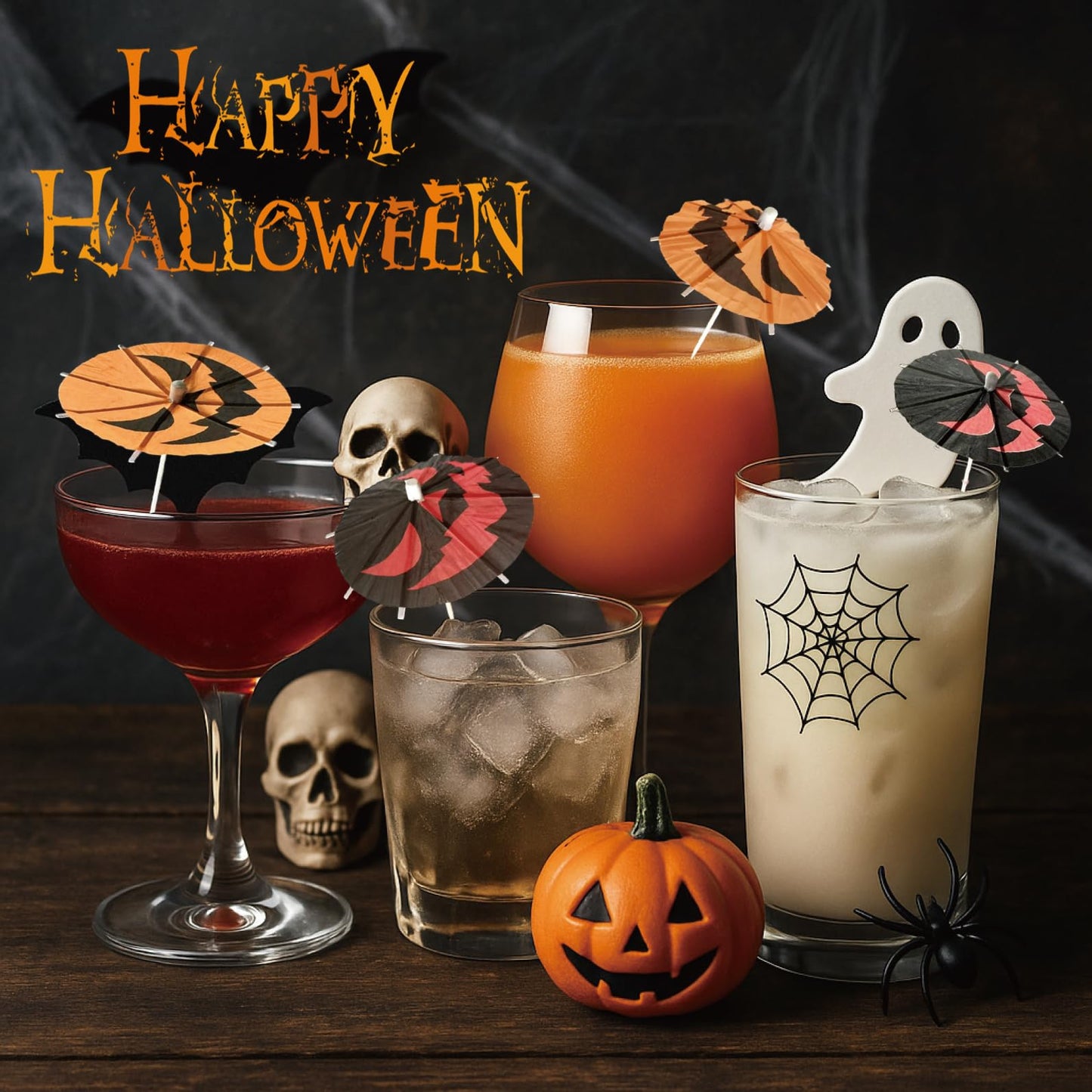 140 Pcs Halloween Pumpkin Cocktail Drink Umbrella Picks, 4 Inch Spooky Paper Toothpicks with Pumpkins Cocktail Umbrellas Fruit Dessert Cupcake Topper Sticks for Halloween Party Decorations (Black)