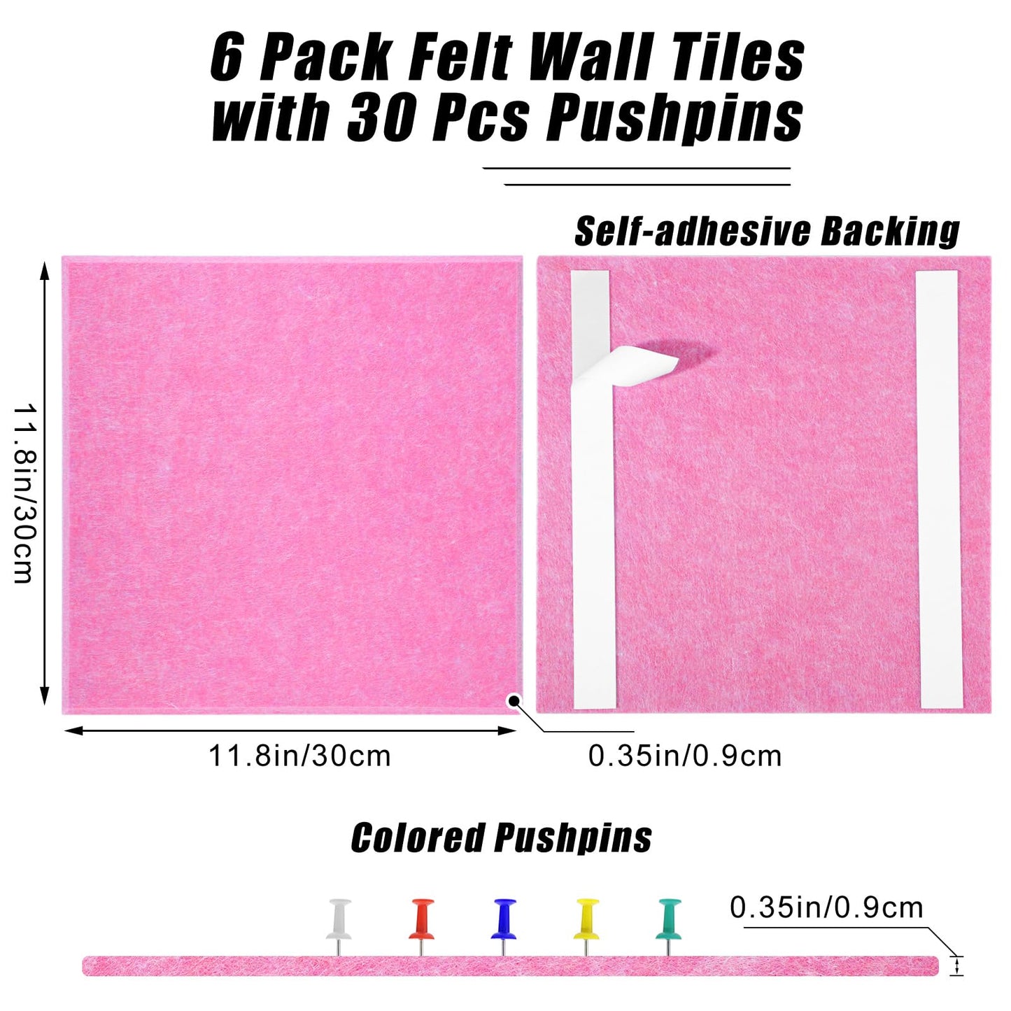 Large Cork Board 36" x 24", 6 Pack Felt Bulletin Board with 30 Pushpins, Cork Boards Alternative with Self-Adhesive Strips, Felt Wall Tiles Pin Boards for Walls Office Home School Decor-Hot Pink