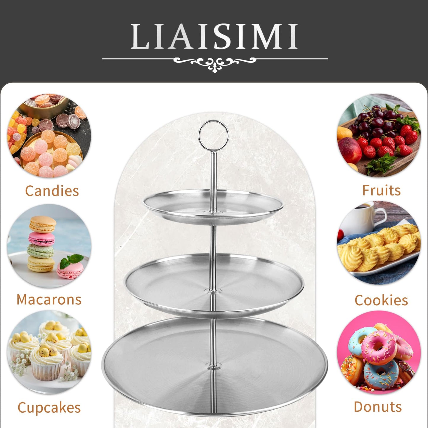 LIAISIMI 3 Tier Silver Cupcake Stand Stainless Steel Dessert Display Rack with Removable Tiered Tray for Parties,Weddings,Birthdays,Decorations,Any Festivals and Festivities(Stainless Steel Pole)