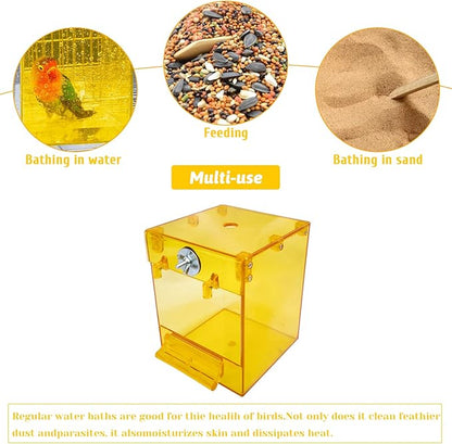 PINVNBY Yellow Acrylic Parrot Bath Box,Bird No-Leakage Bathtub for Cage Hanging Tube Shower Box Cage Accessory with Water Injector and Balls Toys for Small Pet Birds Canary Budgies Lovebirds(6 Pcs)