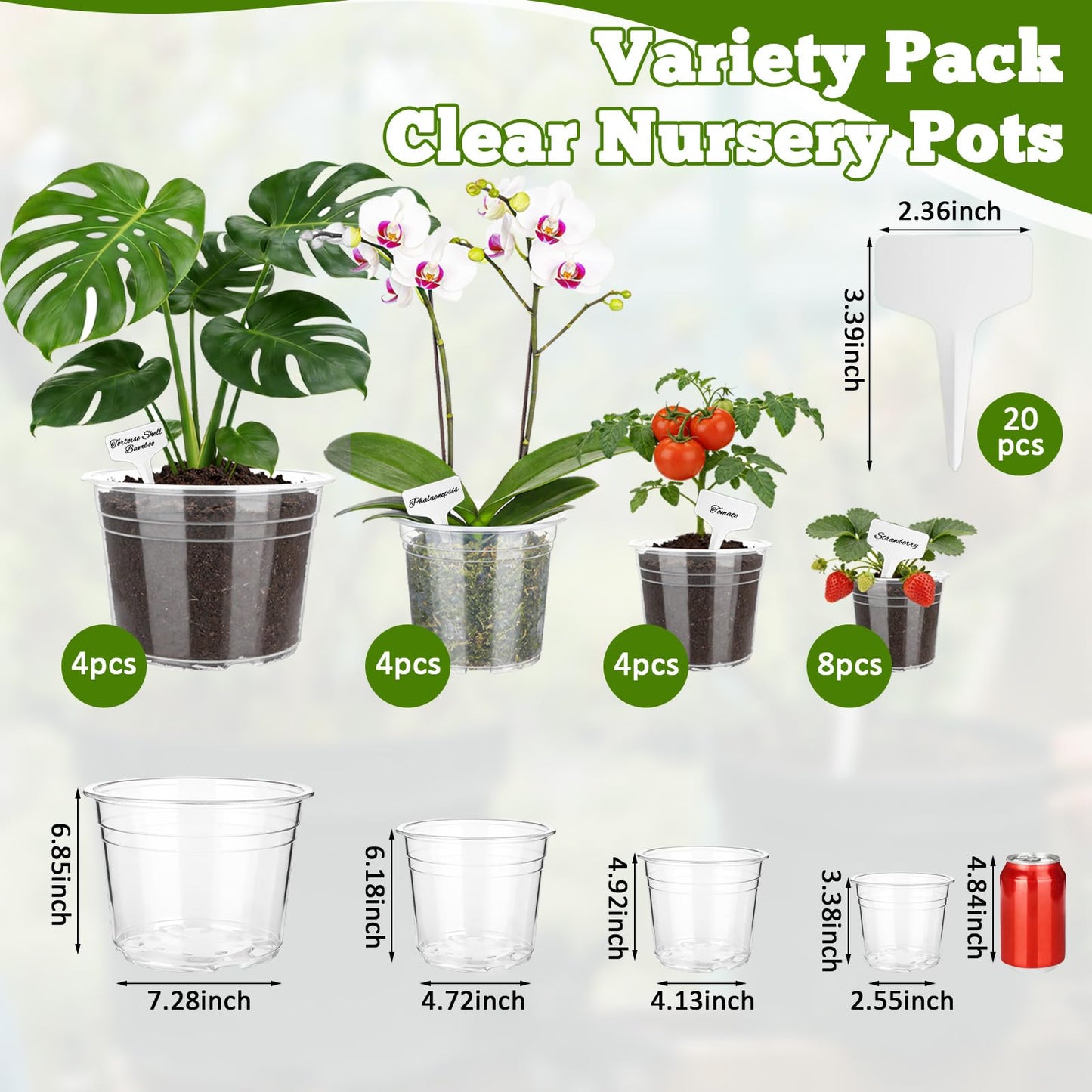 Ysglory 20 Pcs Clear Nursery Pots 4/6/7/10 Inch Plastic Plant Pots with Drainage Holes for Seed Starting Planters Transparent Reusable Seedlings Pot - 20 Plant Labels