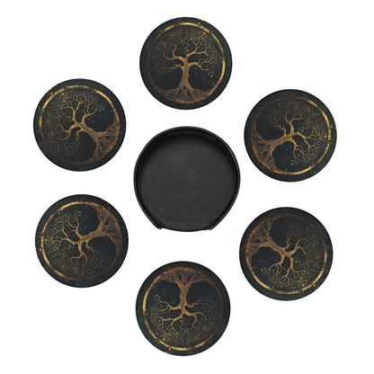 BOXIMIAO Drink Coasters with Holder Stand Set of 6, Marble Gold Tree of Life Pu Leather Absorbent Coasters with Cork Base Table Round Coaster for Housewarming Apartment Kitchen Bar Decor