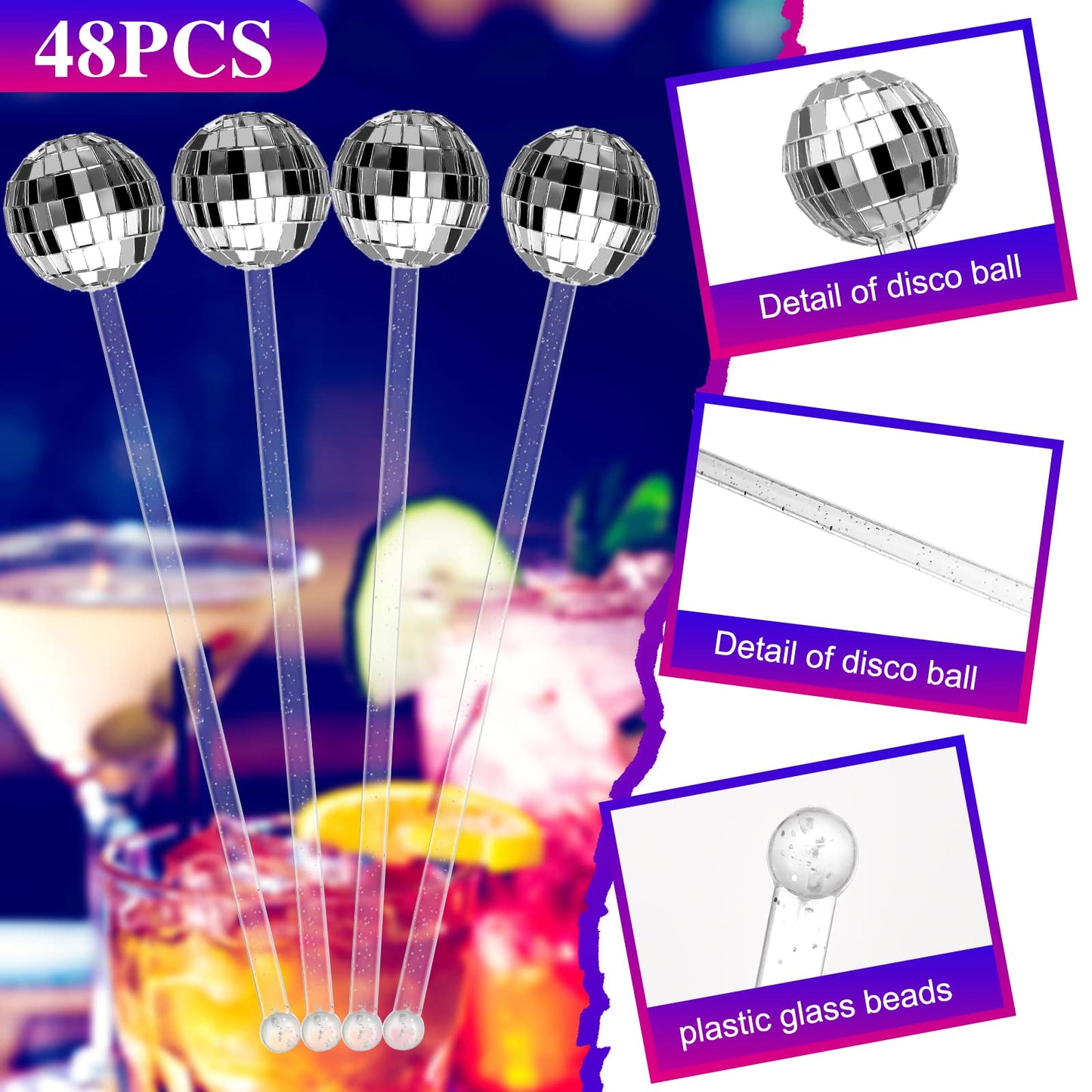Sawysine 48 Pcs Disco Party Decorations Disco Ball Cocktail Stirrers 8 Inch Silver Mirror Ball Stir Sticks Beverage Coffee Drink Stirrer for 70s 80s Bachelorette Wedding Birthday Party(Silver)