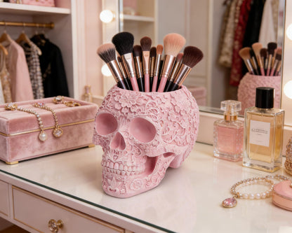 BOIHEGU Skull Bowl Decorative Skull Vase Makeup Brush Pen Holder Organizer Dresser Gothic Table Organizer Decoration, Pink Skull Pot Enthusiasts Gifts