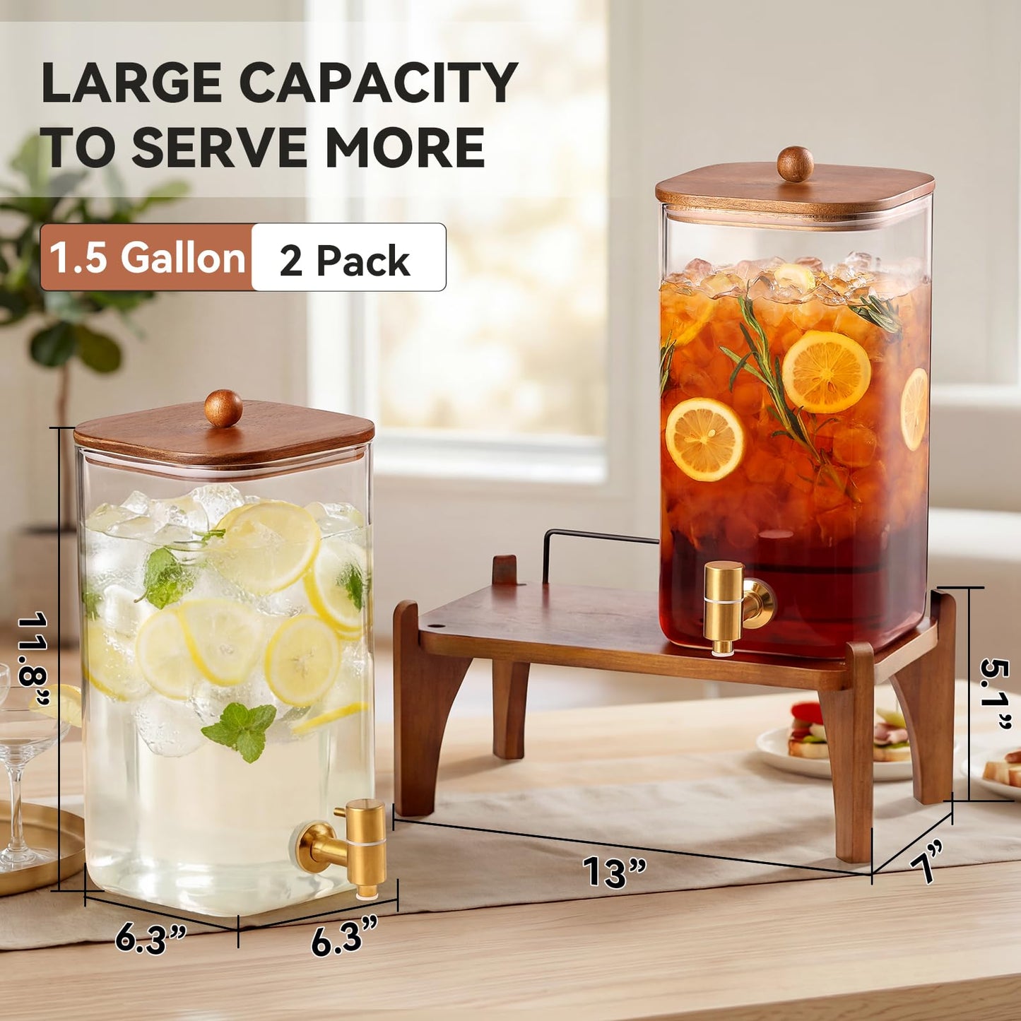 2 Pack 1.5 Gallon Square Glass Drink Dispenser with Wooden Stand & Lid, Large Beverage Dispenser with Stainless Steel Spigot, Juice & Lemonade Dispenser for Parties, Iced Tea, Water, Space-Saving