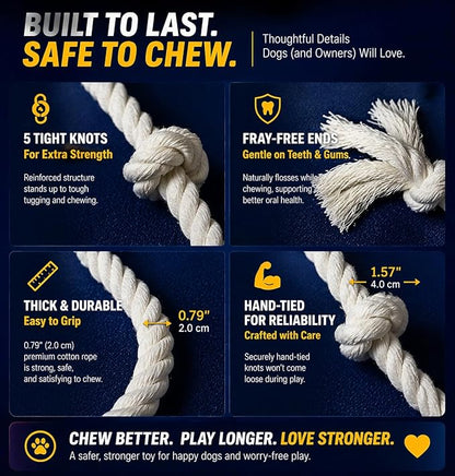 35" Dog Rope Tug Toy – 5-Knot Cotton Rope, Perfect Balance for Tug & Chew, Durable Interactive Toy for Medium & Large Dogs (22–88 lbs), Indoor & Outdoor, Washable, White