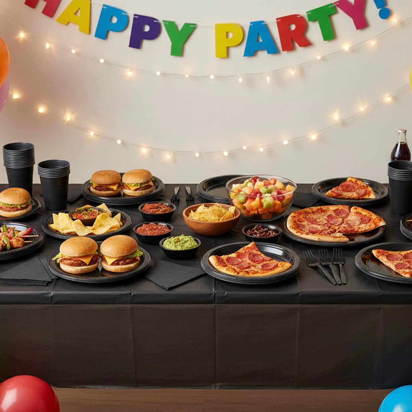 CLIYTICA Black Plastic Plates for Party,30 Guest Disposable Plastic Plate Set 9" Plates,7" Dessert Plates,Napkins,Cups,Forks & Tablecloth for Birthday,Halloween,Christmas,Graduations