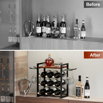 B4Life Wine Rack Countertop, Wine Glass Holder and Bottle Holder with Tray, Countertop Liquor Storage Holds 9 Liquor Bottles and 4 Glasses, Freestanding Liquor Storage for Home, Kitchen, Bar, Cellar