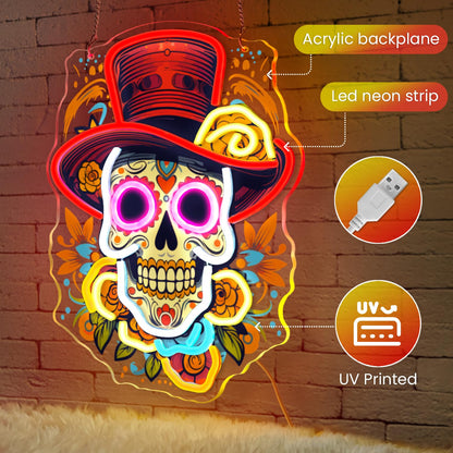 Sneignon Day of the Dead Neon Sign - Mexican Sugar Skull LED Neon Light for Home & Bar Decor,UV Printed Art with Flexible LED Strip,Halloween & Día de Muertos Party Decoration (Red）