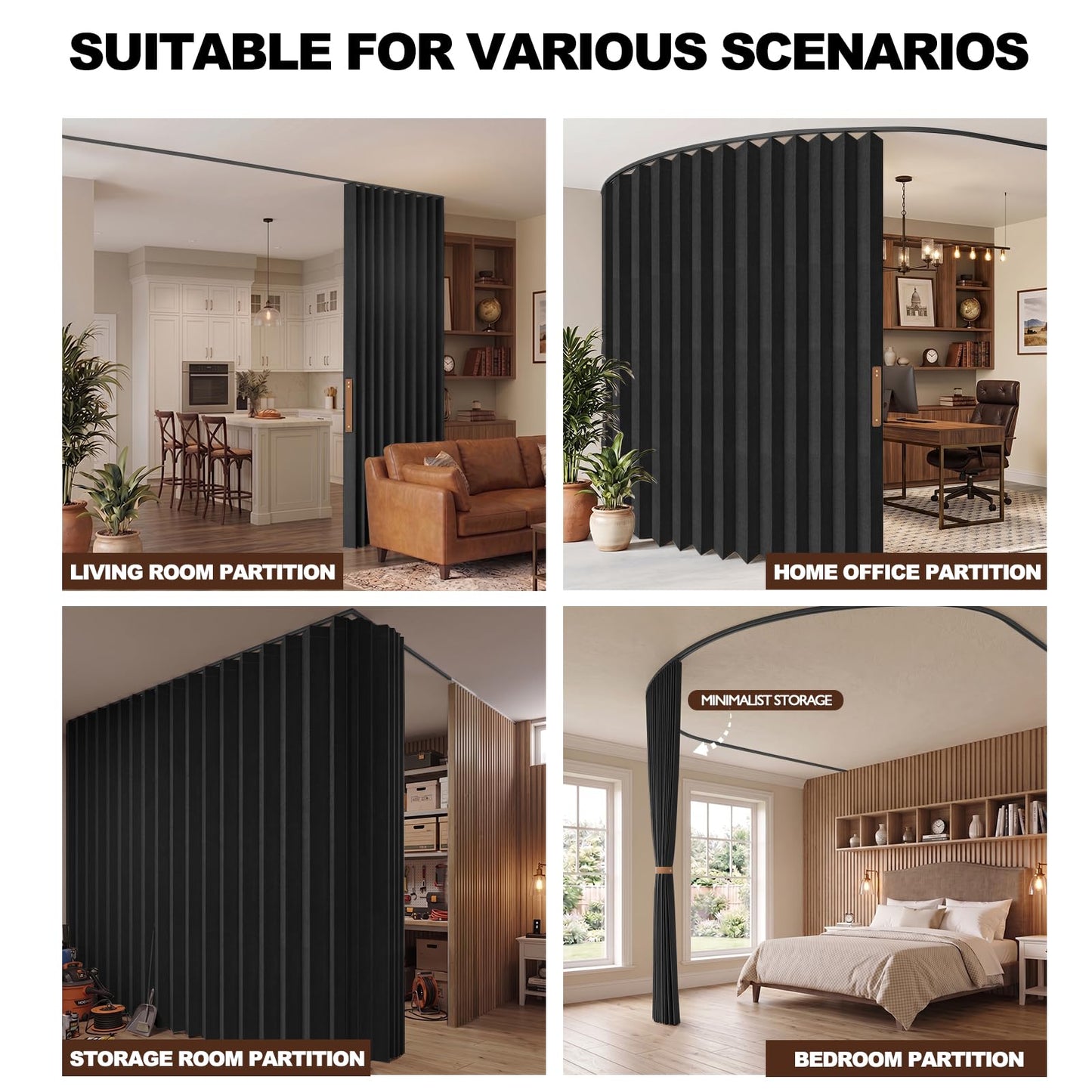 JILRON Accordion-Style Room Divider with Ceiling Track - Foldable Partition Curtain, Easy Installation(Black 100" W x 84" L-Pack of 1)