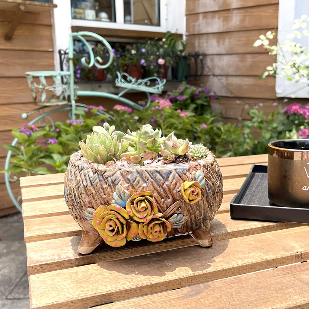 Summer Impressions 6.3 Inch Succulent Pot Handmade Flower Design Round Ceramic Antique Plant Pot Cactus Pot Planter with Drainge and Mesh Pad (Yellow)