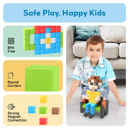 PicassoTiles 108pcs 1” Magnetic Puzzle Cubes Magnet Toys Preschool Construction Building Block Set Sensory Toy Early Education STEM Learning Come with Ideabook for Children Age 3+ Boy Girl PMC108