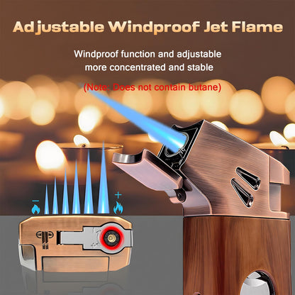 VloEssic Butane Torch Lighter Built-in Cutter, Punch, Holder, Draw Enhancer, Jet Flame Butane Refillable Lighter, Windproof Jet Lighter Adjustable, 5-in-1 Cool Lighters Gift for Men (Without Gas)