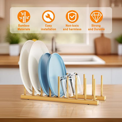Bamboo Dish Drying Rack for Kitchen Organizer-Sturdy Plate Rack Organizer with Natural Bamboo, Dish Rack Holds Plates, Cups & Cutting Boards-Dish Drying Rack for Countertop & Cabinets（4 Pack）