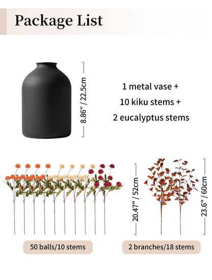 BLOSMON Flower Centerpiece Table Decorations: Metal Vase with 12 Stems of Fake Mums Kiku Flowers Eucalyptuses for Home Dining Room - Burnt Orange Artificial Pom Poms Floral Arrangement in Vase