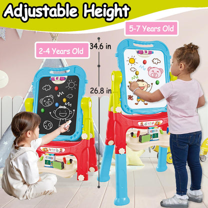 Toddler Art Easel for Kids, Double-Sided Magnetic Whiteboard & Chalkboard with Painting Accessories, Rotatable Easel Toy Gift for Boys and Girls