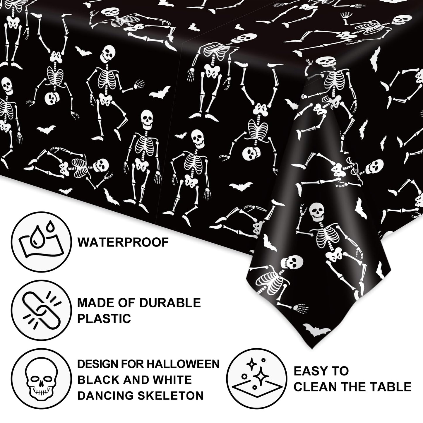 JarThenaAMCS 6 Pcs Halloween Plastic Tablecloth Funny Dancing Skeleton Table Cover Black White Disposable Table Cloth for Halloween Party Home Kitchen Dining Decor, 54 x 108 Inch