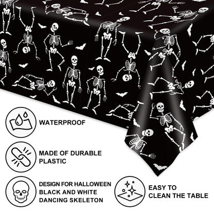 JarThenaAMCS 6 Pcs Halloween Plastic Tablecloth Funny Dancing Skeleton Table Cover Black White Disposable Table Cloth for Halloween Party Home Kitchen Dining Decor, 54 x 108 Inch