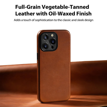 Belemay for iPhone 13 Pro Max Leather Case Compatible with MagSafe, Full-Grain Vegetable-Tanned Leather, Metal Buttons & Camera Bezel - Slim Fit&Sleek- Luxury Phone Cover (6.7-inch)-Saddle Brown