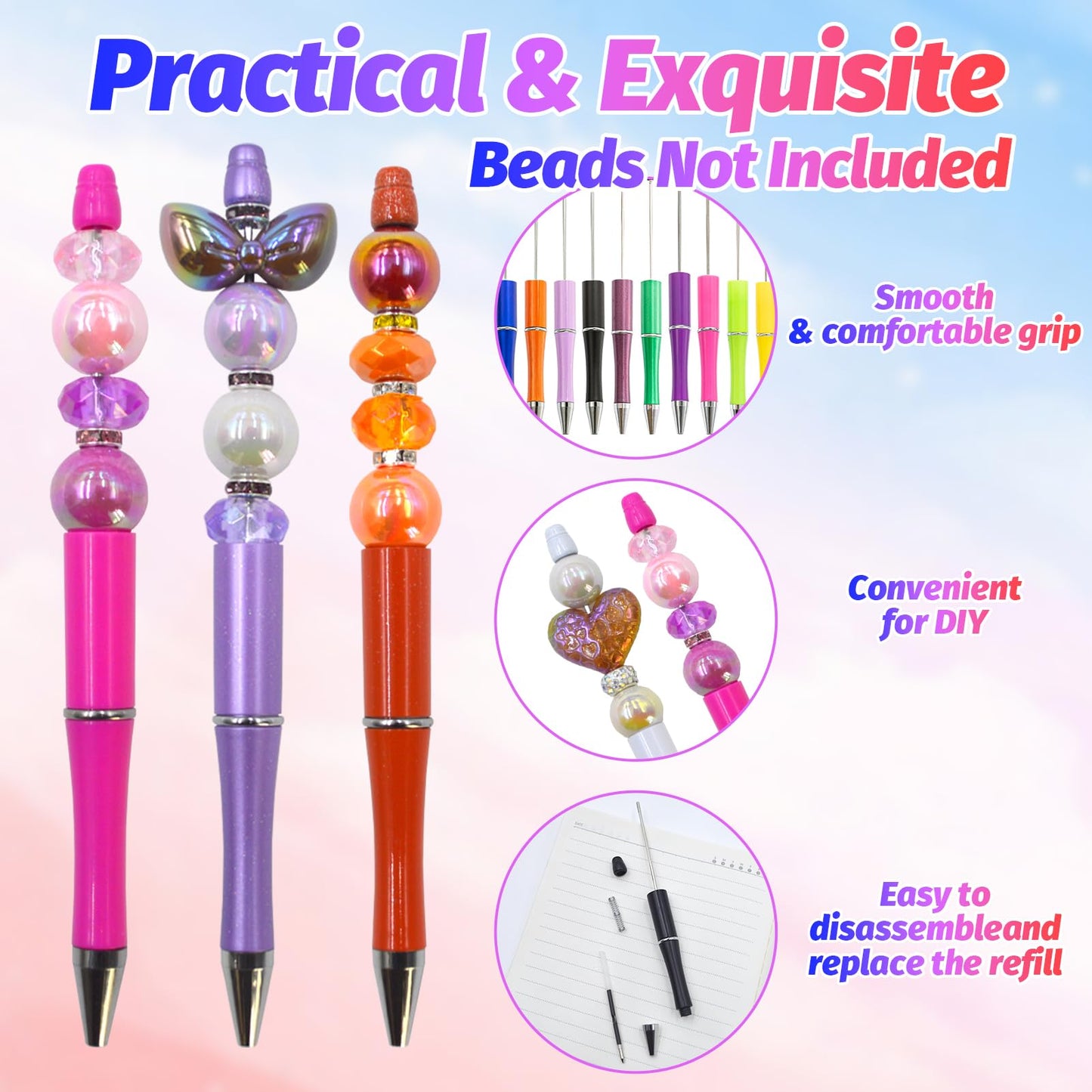 DASTTUIS 150 Pieces DIY Beadable Pen Kit – 50 Plastic Ballpoint Pens with Refills & Bags, Beads Not Included – School Supplies, Office Accessories & Craft Gifts for Students & Teachers (Multicolor)