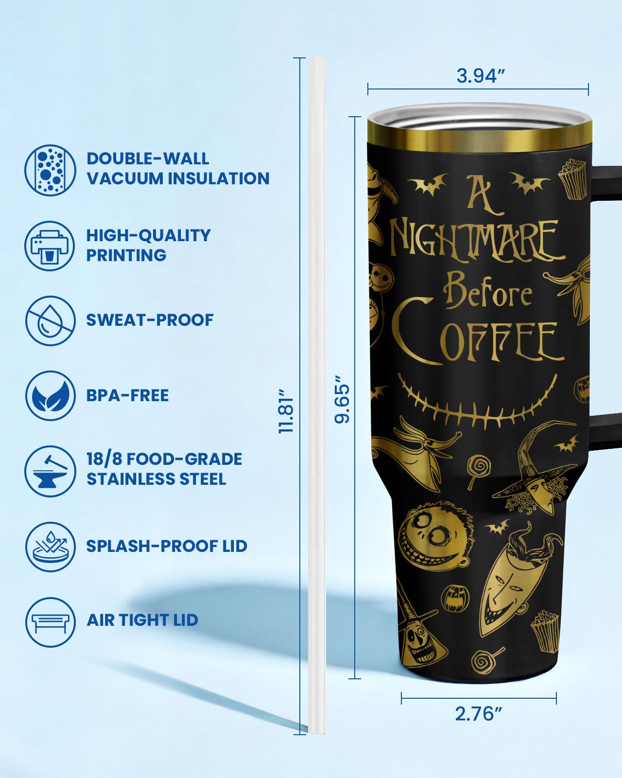 34HD Nightmare Before Coffee Tumbler 40oz with Handle and Straw, Laser Engraved Skeleton Insulated Travel Coffee Cup - Cartoon Character Gifts on Birthday for Cafe Lovers, Men & Women