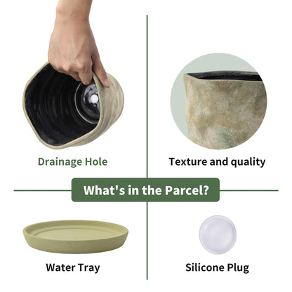 Pkeo Bbun 4+6 Inch Ceramic Planter Set of 2 with Drainage Hole,Saucer for Plants, Indoor-Outdoor Large Round Succulent Orchid Flower Pot- Cement Paint, Inner-pots not Larger Than 5 Inch Light Green