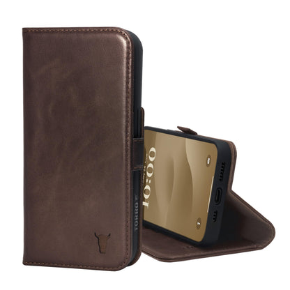 TORRO Premium Leather Case Compatible with iPhone 15 6.1" – Genuine Leather Wallet Flip Folio Case with Kickstand and Card Slots - Dark Brown