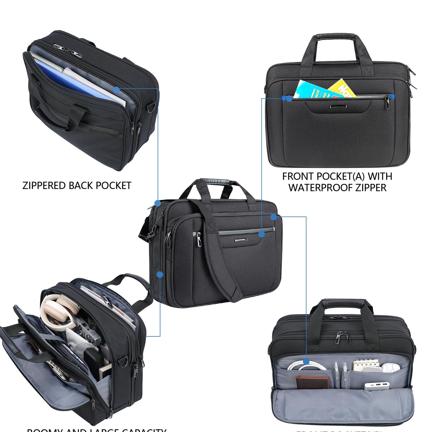 VANKEAN Laptop Briefcase Premium Laptop Case Fits Up to 17.3 Inch Business Shoulder Bag Laptop Expandable Water-Repellent Messenger Bag for Men/Women Computer Bag for Travel/Business/Black-Grey