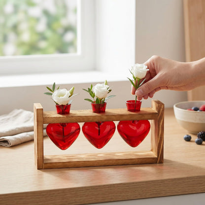 Generic Heart Shaped Propagation Station, 3 Glass Vases Plant Terrarium Kit with Wooden Stand for Hydroponic Plants Home Office Decor Present for Women
