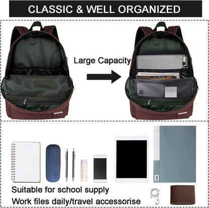 SUPACOOL Casual Laptop Backpack for Men and Women, Backpack with USB Charging Port(Coffee set)