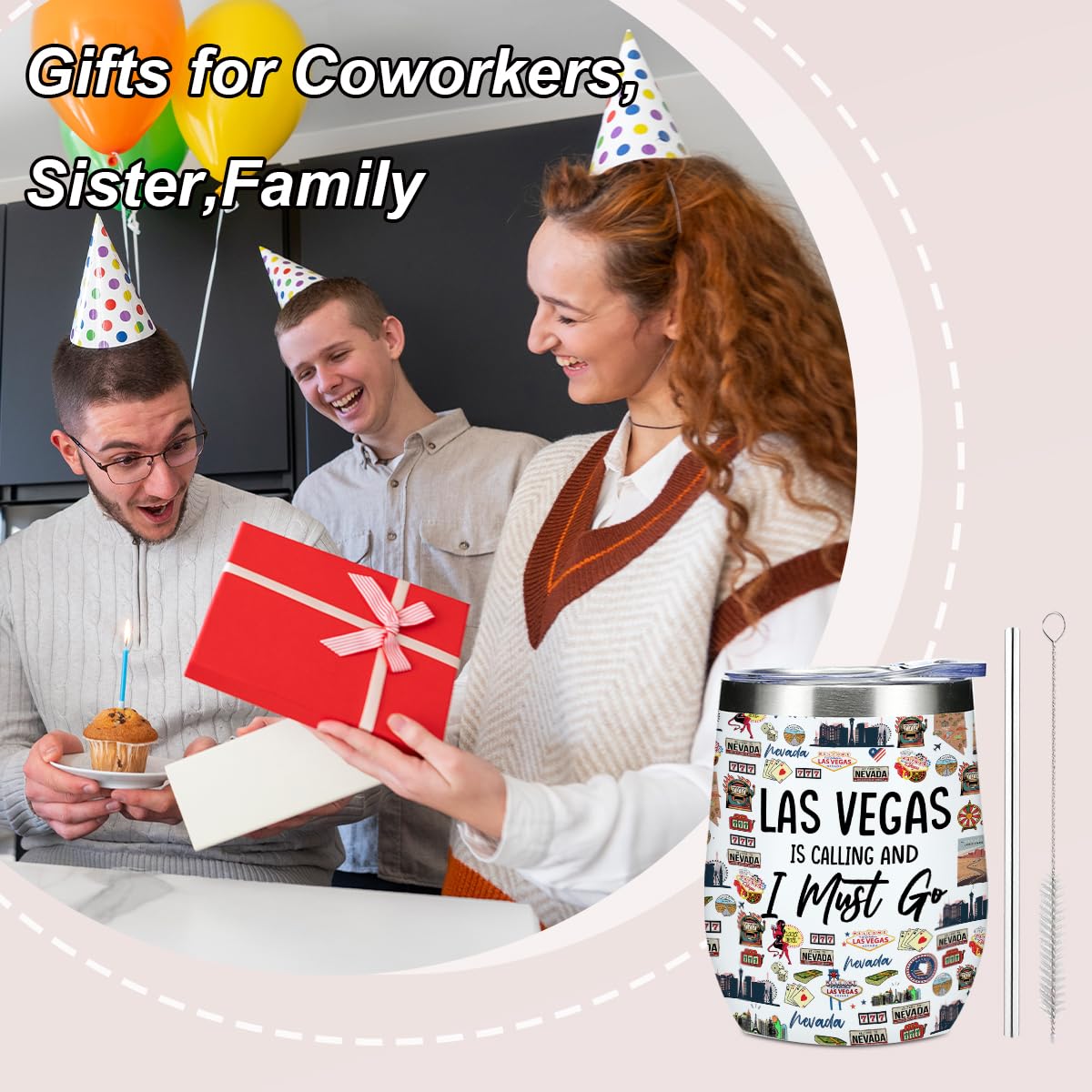 Las Vegas Souvenir Wine Tumbler 12 oz Insulated Wine Glass Cup with Lid Straw Vacuum Insulated Travel Cup,Travel Weekender Gifts for Women Sister Christmas Birthday Halloween Girls Trip Gifts Favors