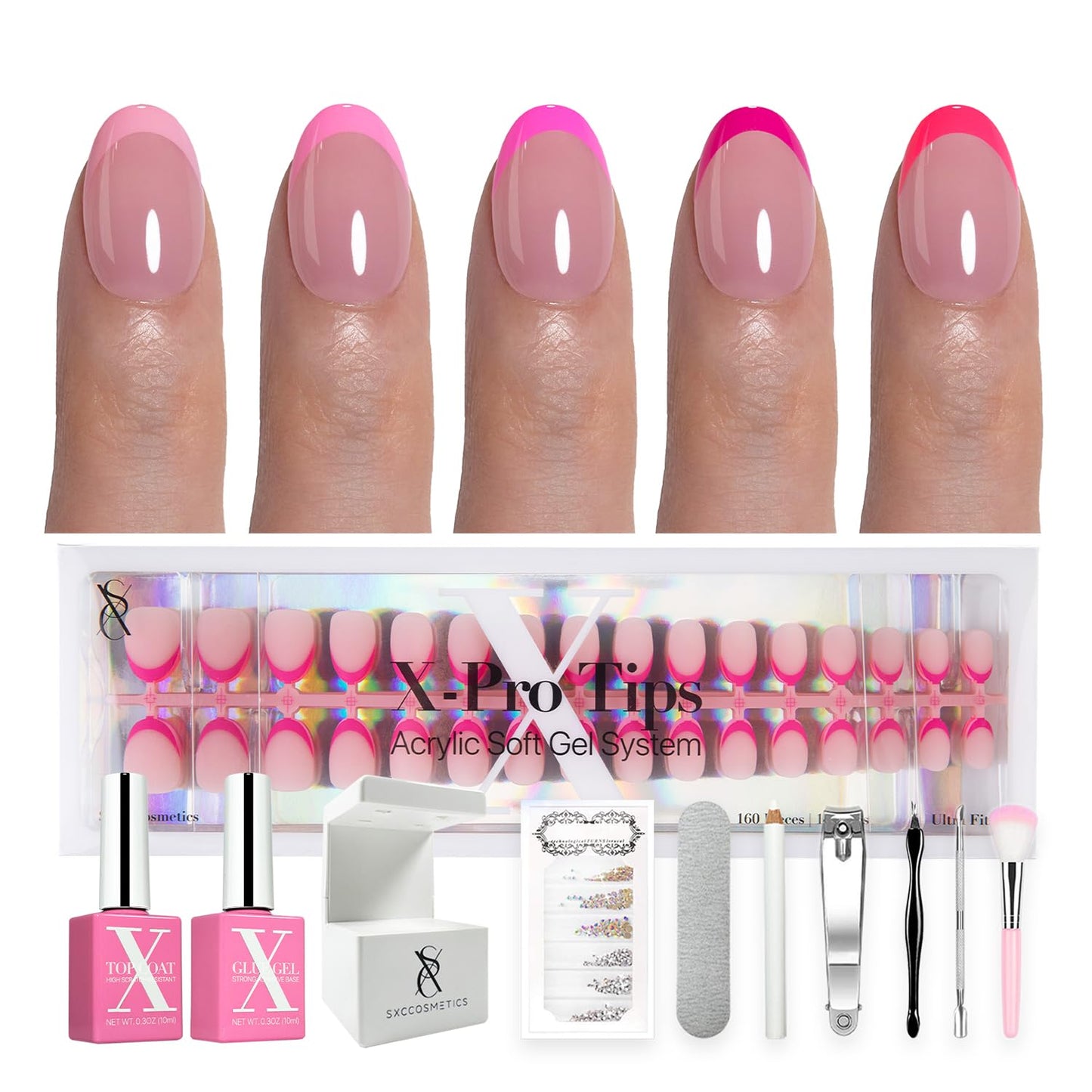 SXC Cosmetics French Tip Press On Nails - Skin Tone Nude and Color Series, Short Coffin X-Pro Tips Starter Kit ST119KIT